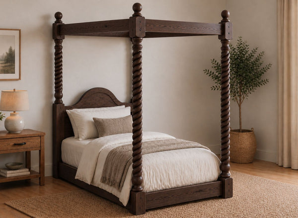 Farringdon Floor Four Poster Bed in Walnut Finish, Single Size