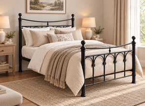 Gamford Double Metal Bed Frame in Black  with ornate headboard and footboard.