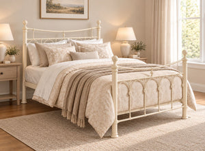 Gamford Double Metal Bed Frame in Cream with ornate headboard and footboard.