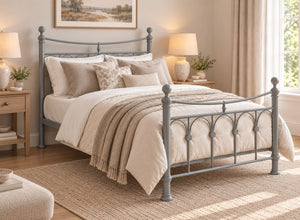 Gamford Double Metal Bed Frame in Grey with ornate headboard and footboard.