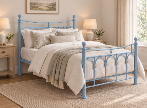 Gamford Double Metal Bed Frame in Blue with ornate headboard and footboard.