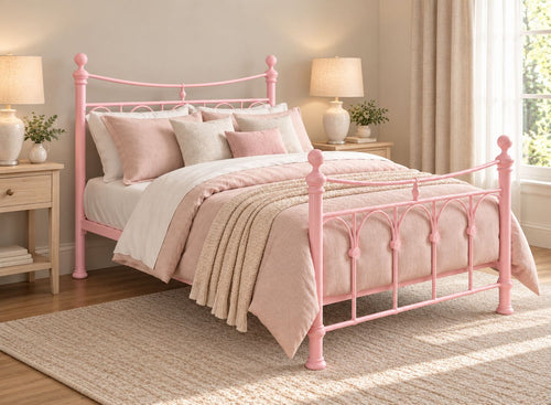 Gamford Double Metal Bed Frame in Pink with ornate headboard and footboard.