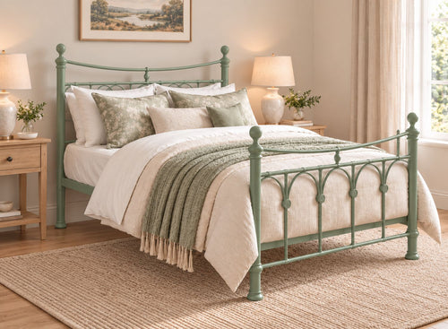 Gamford Double Metal Bed Frame in Sage Green with ornate headboard and footboard.