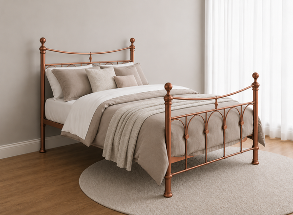 Gamford Double Metal Bed Frame in Copper with decorative finials and curved headboard.