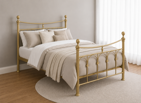 Gamford Double Metal Bed Frame in Gold with decorative finials and curved headboard.
