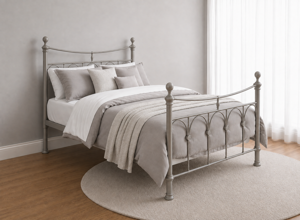 Gamford Double Metal Bed Frame in Silver with decorative finials and curved headboard.