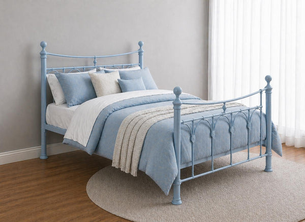 Gamford Double Pastel Blue metal bed frame with ornate headboard and footboard.