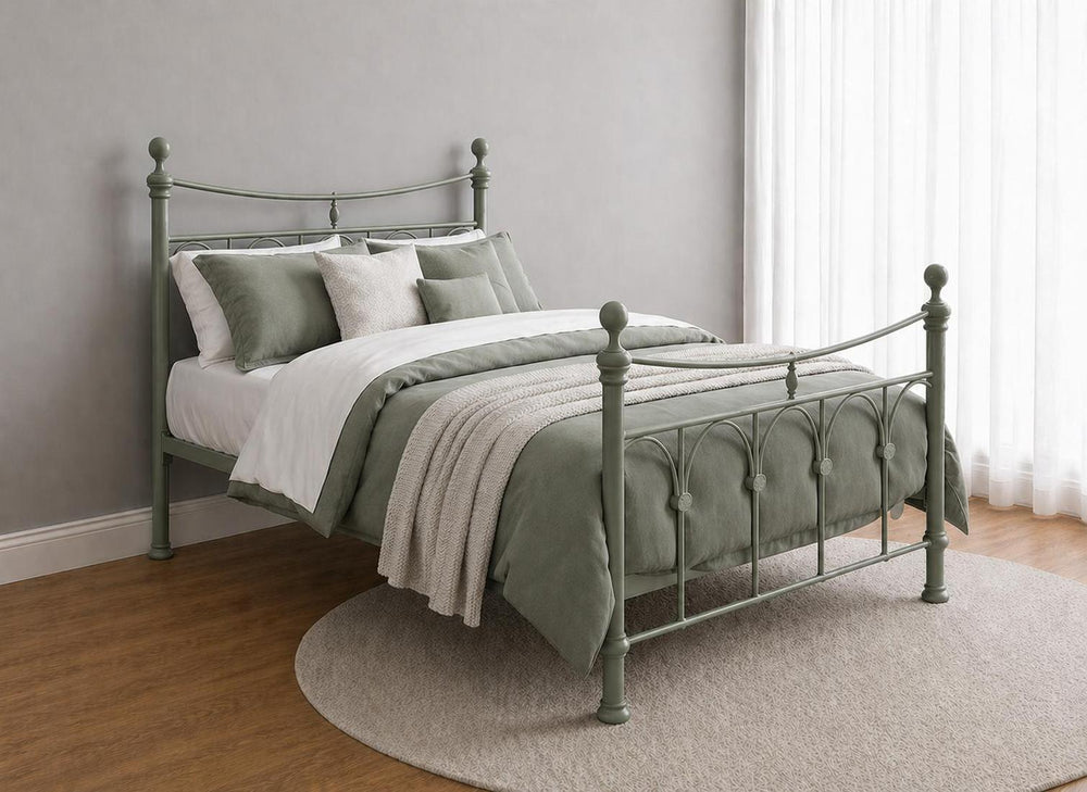 Gamford Double Metal Bed Frame in Cream Matt with ornate headboard and footboard.
