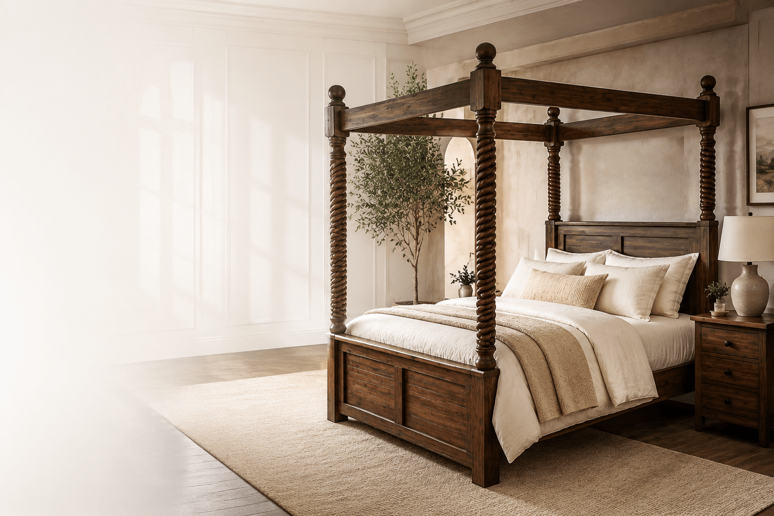 Styled bedroom with upholstered bed