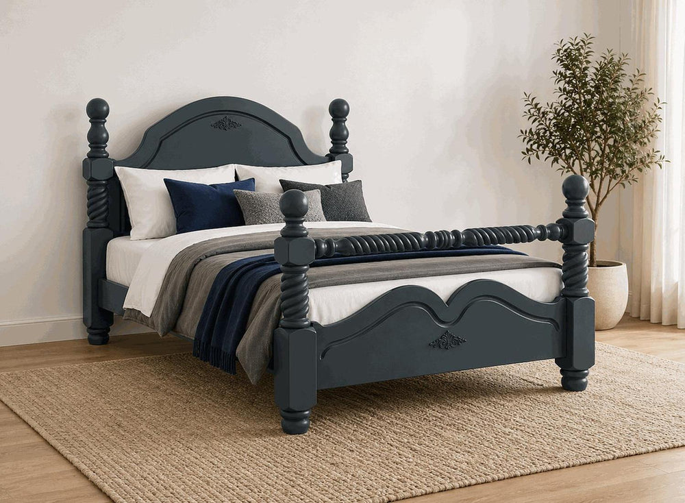 Illington Double Painted Wooden Bed in Sage Green with carved details and turned posts.