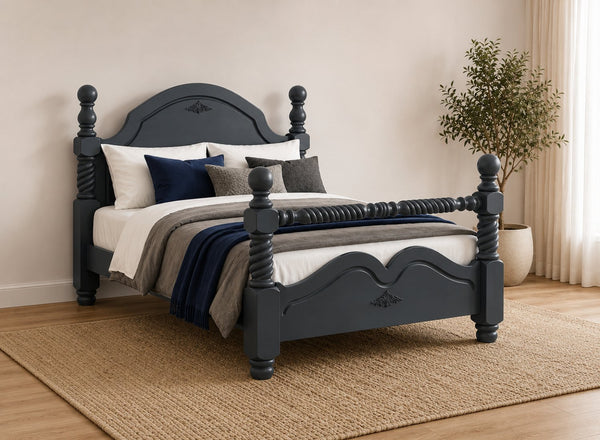 Illington Double Painted Wooden Bed in Hague Blue with carved details and turned posts.