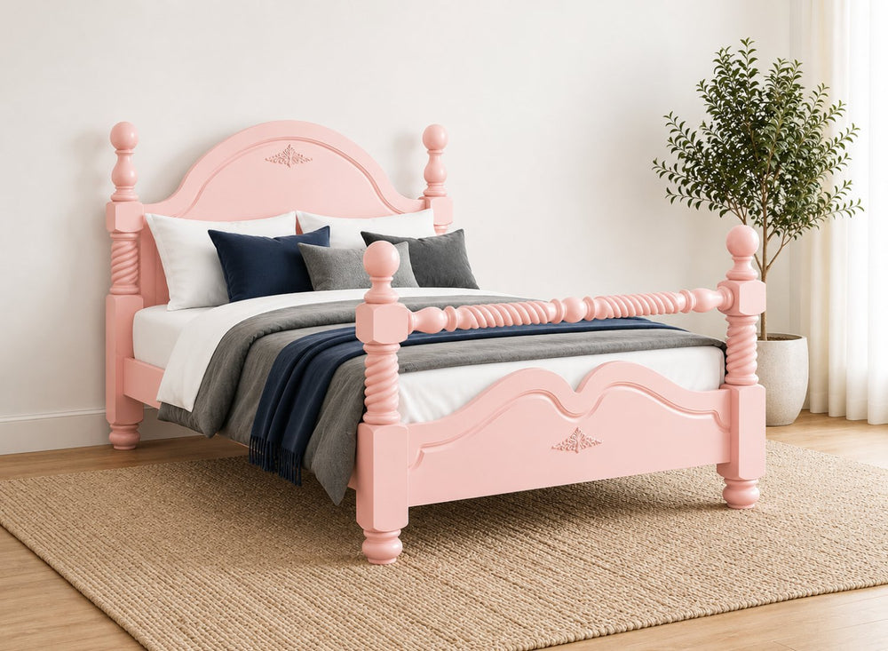 Illington Double Painted Wooden Bed in Sage Green with carved details and turned posts.