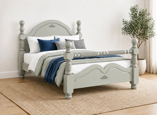Illington Double Painted Wooden Bed in Sage Green with carved details and turned posts.