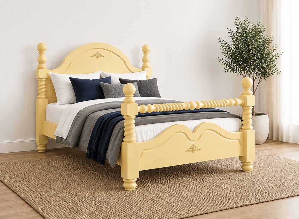 Illington Double Painted Wooden Bed in Sage Green with carved details and turned posts.