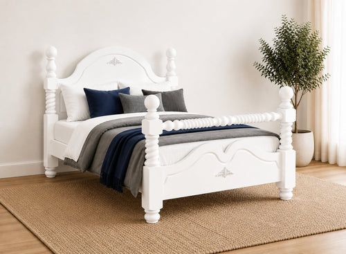 Illington Double Painted Wooden Bed in All White with decorative headboard and footboard.