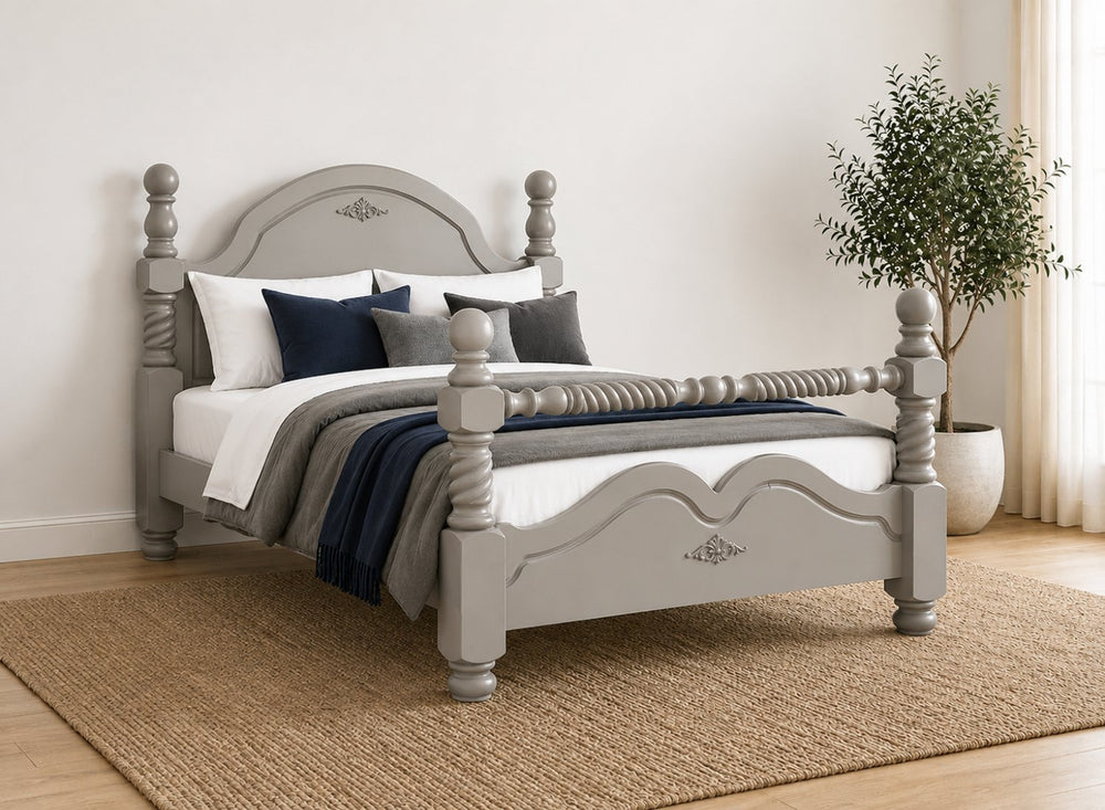 Illington Double Painted Wooden Bed in Sage Green with carved details and turned posts.