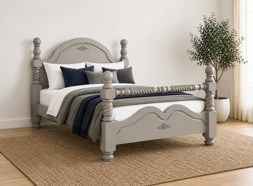 Illington Double Painted Wooden Bed in Dove Tale Grey with carved details and turned posts.