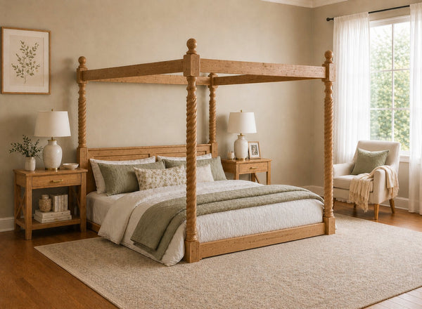 Kenninghall Floor Four Poster Bed in Oak Finish