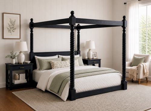 Kenninghall Floor Four Poster Bed in Black Ash Finish