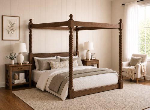 Kenninghall Floor Four Poster Bed in Walnut Finish