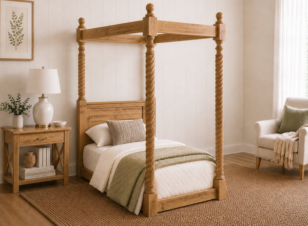 Kenninghall Floor Four Poster Bed in Oak Finish, Single Size