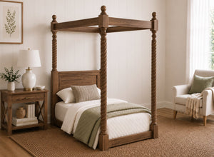 Kenninghall Floor Four Poster Bed in Walnut Finish, Single Size