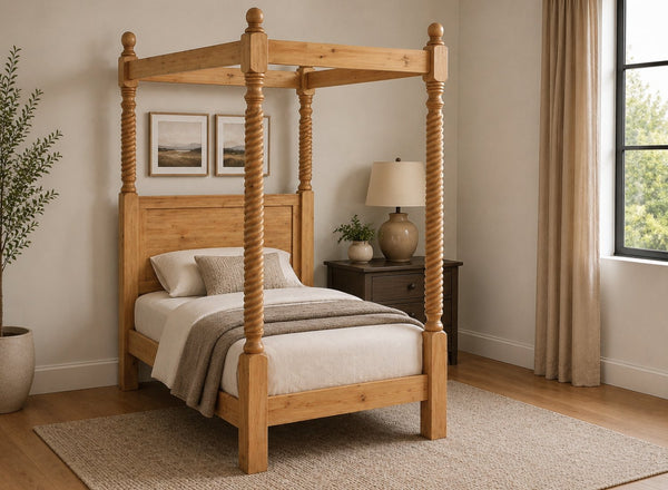 Kenninghall Four Poster Bed in Oak Finish, Single Size (Low End)
