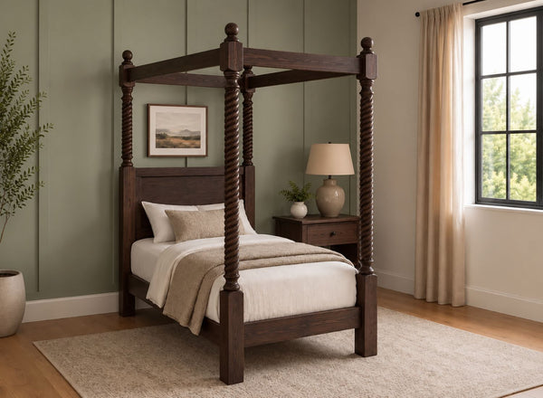 Kenninghall Four Poster Bed in Walnut Finish, Single Size (Low End)