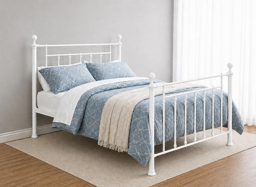Double Libham metal bed frame in stone white with classic spindle design.