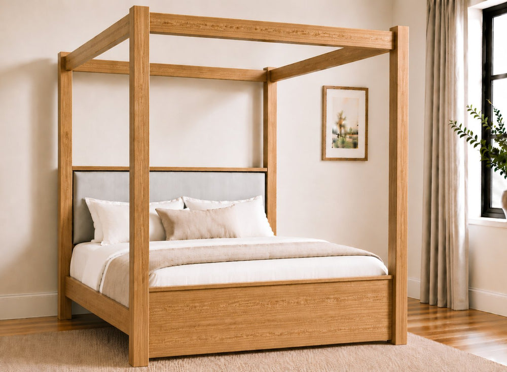 Lakenham Wooden Four Poster Bed in Mahogany with Silver Velvet Headboard
