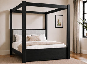 Lakenham Wooden Four Poster Bed in Black with Silver Velvet Headboard