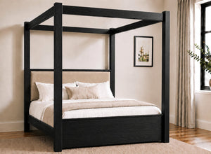 Lakenham Wooden Four Poster Bed in Black with Coffee Velvet Headboard