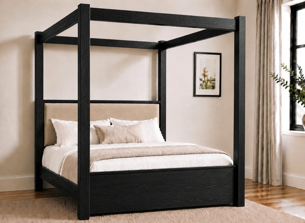 Lakenham Wooden Four Poster Bed in Black with Coffee Velvet Headboard