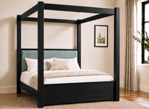 Lakenham Wooden Four Poster Bed in Black with Duck Egg Velvet Headboard