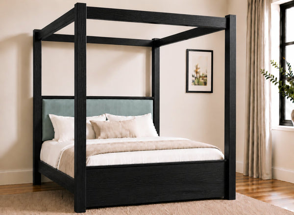 Lakenham Wooden Four Poster Bed in Black with Duck Egg Velvet Headboard