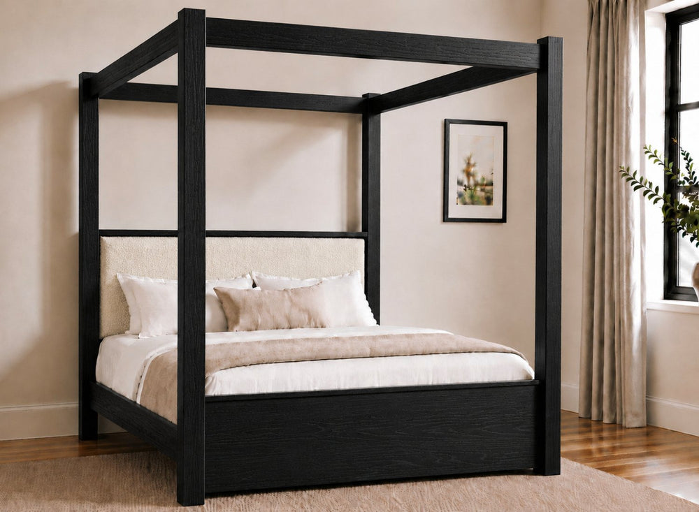 Lakenham Wooden Four Poster Bed in Mahogany with Silver Velvet Headboard