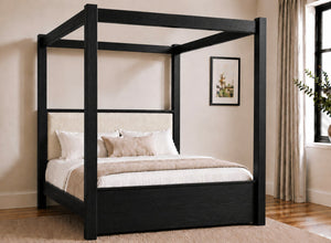 Lakenham Wooden Four Poster Bed in Black with Ivory Boucle Headboard