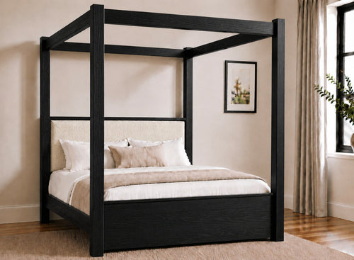 Lakenham Wooden Four Poster Bed in Black with Ivory Boucle Headboard