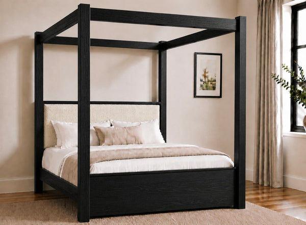 Lakenham Wooden Four Poster Bed in Black with Ivory Boucle Headboard