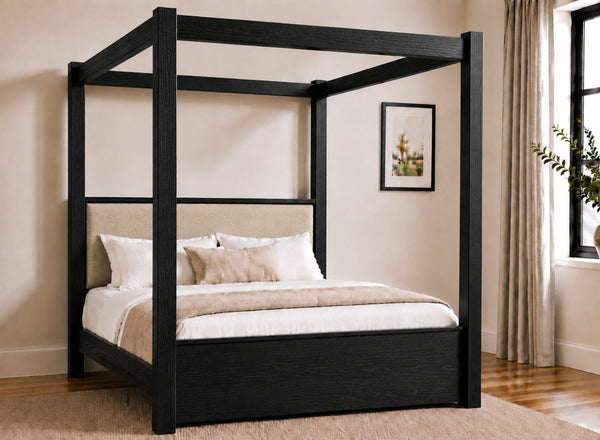 Lakenham Wooden Four Poster Bed in Black with Natural Chenille Headboard
