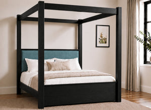 Lakenham Wooden Four Poster Bed in Blackwith Peacock Chenille Headboard
