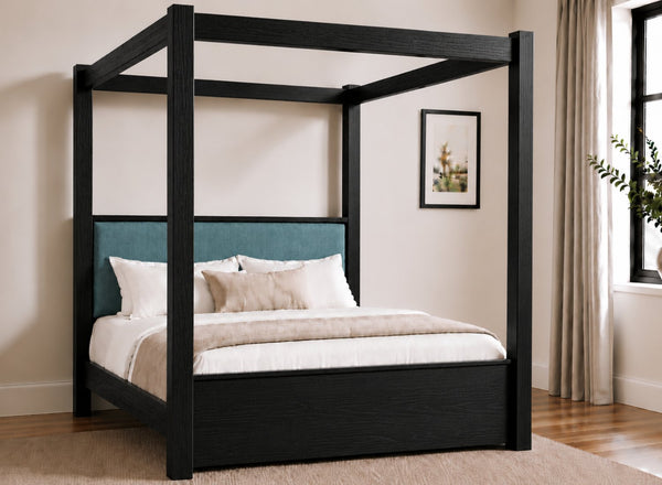 Lakenham Wooden Four Poster Bed in Blackwith Peacock Chenille Headboard