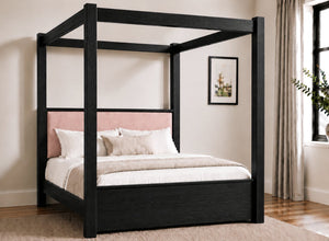 Lakenham Wooden Four Poster Bed in Black with Blush Pink Chenille Headboard