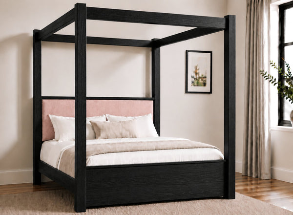 Lakenham Wooden Four Poster Bed in Black with Blush Pink Chenille Headboard