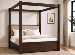 Lakenham Wooden Four Poster Bed in Chocolate with Coffee Velvet Headboard