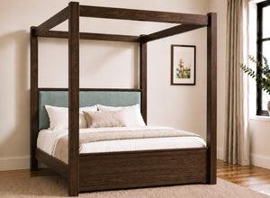 Lakenham Wooden Four Poster Bed in Chocolate with Duck Egg Velvet Headboard