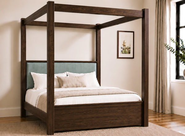 Lakenham Wooden Four Poster Bed in Chocolate with Duck Egg Velvet Headboard