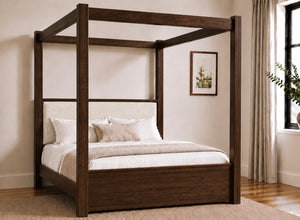 Lakenham Wooden Four Poster Bed in Chocolate with Ivory Boucle Headboard