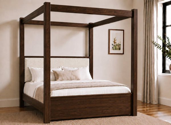 Lakenham Wooden Four Poster Bed in Chocolate with Ivory Boucle Headboard
