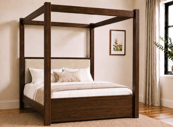 Lakenham Wooden Four Poster Bed in Chocolate with Natural Chenille Headboard